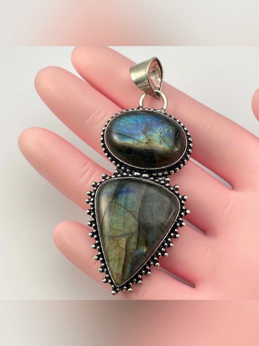 Stunning Silver Tone Double Labradorite Pendant with Ornate Beaded Design